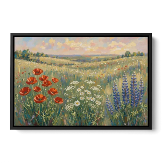 Poppy, Daisy and Lupine Meadow Panorama - Black Framed Canvas Wall Art - Front