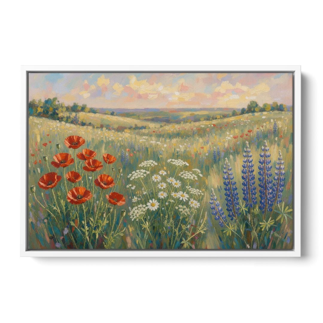 Poppy, Daisy and Lupine Meadow Panorama - White Framed Canvas Wall Art - Front
