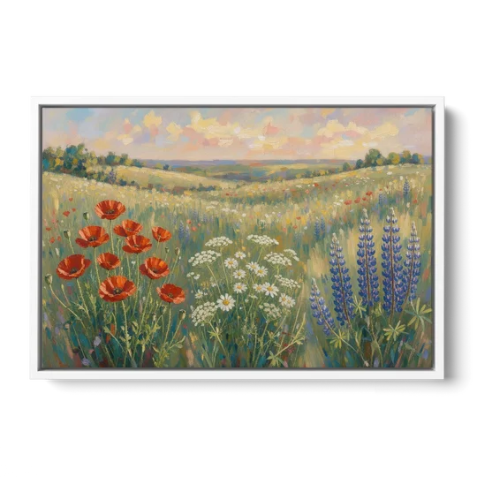 Poppy, Daisy and Lupine Meadow Panorama - White Framed Canvas Wall Art - Front