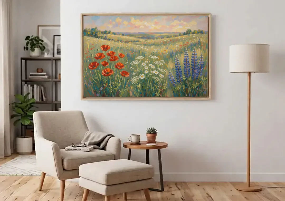 Poppy, Daisy and Lupine Meadow Panorama canvas wall art above an armchair in a bright living room