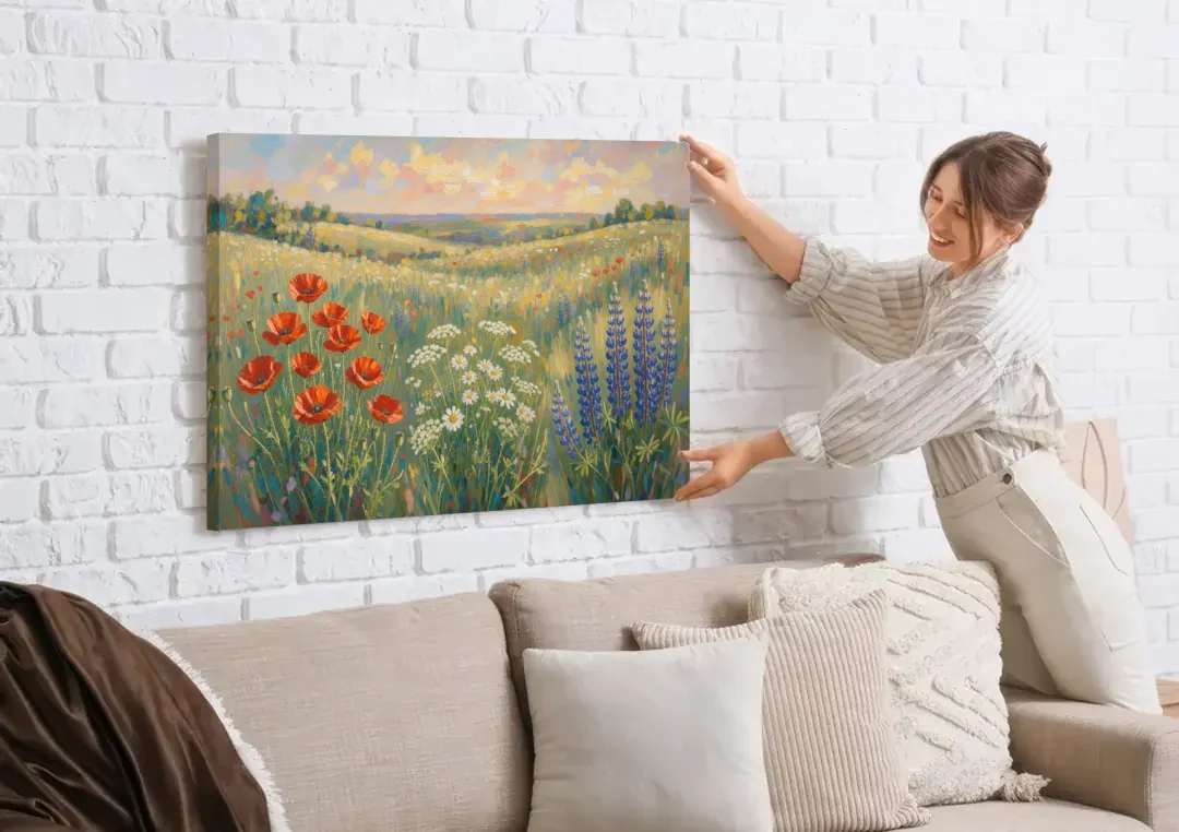 Poppy, Daisy and Lupine Meadow Panorama canvas wall art being hung on a white brick wall above a sofa