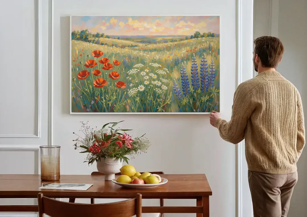 Poppy, Daisy and Lupine Meadow Panorama canvas wall art above a dining table