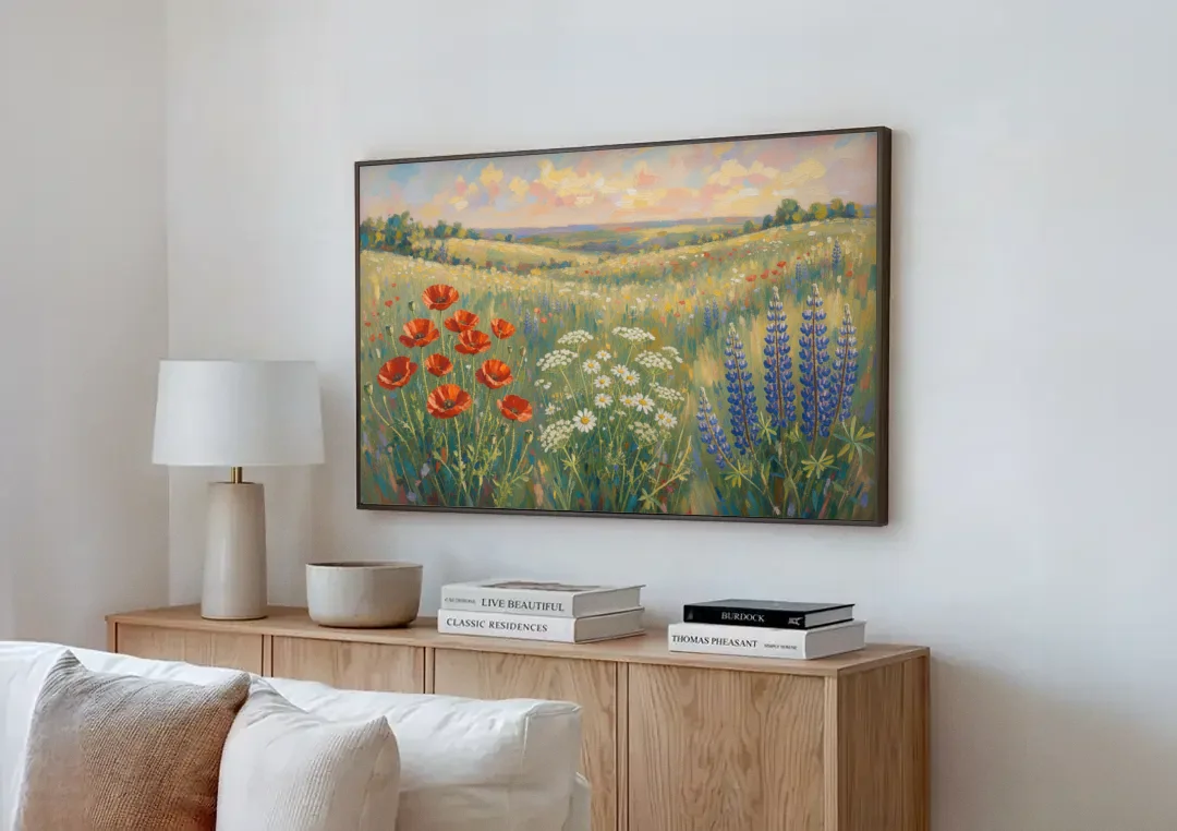 Poppy, Daisy and Lupine Meadow Panorama canvas wall art above a wooden sideboard next to a sofa
