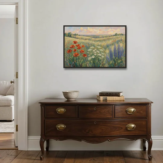 Poppy, Daisy and Lupine Meadow Panorama - Black Framed Canvas Wall Art - Coffee Table - 36x24