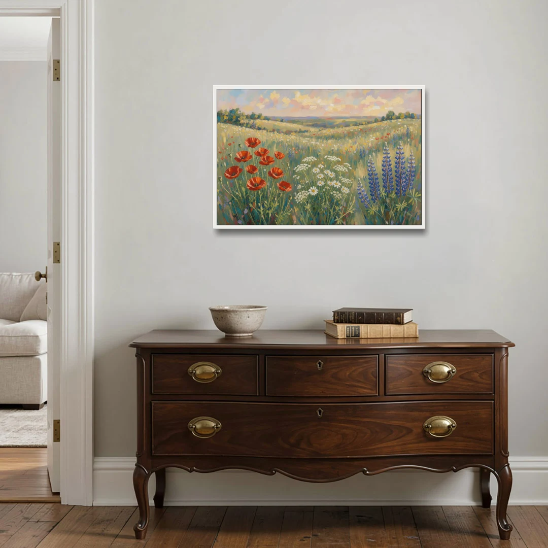 Poppy, Daisy and Lupine Meadow Panorama - White Framed Canvas Wall Art - Coffee Table - 36x24