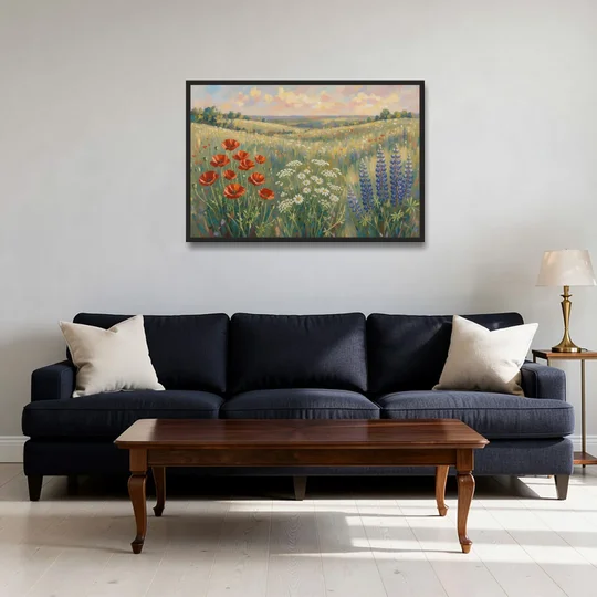 Poppy, Daisy and Lupine Meadow Panorama - Black Framed Canvas Wall Art - Sofa - 36x24