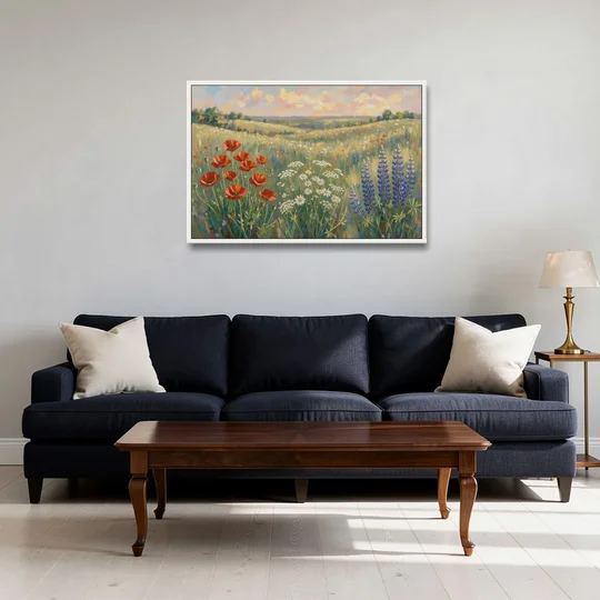 Poppy, Daisy and Lupine Meadow Panorama - White Framed Canvas Wall Art - Sofa - 36x24