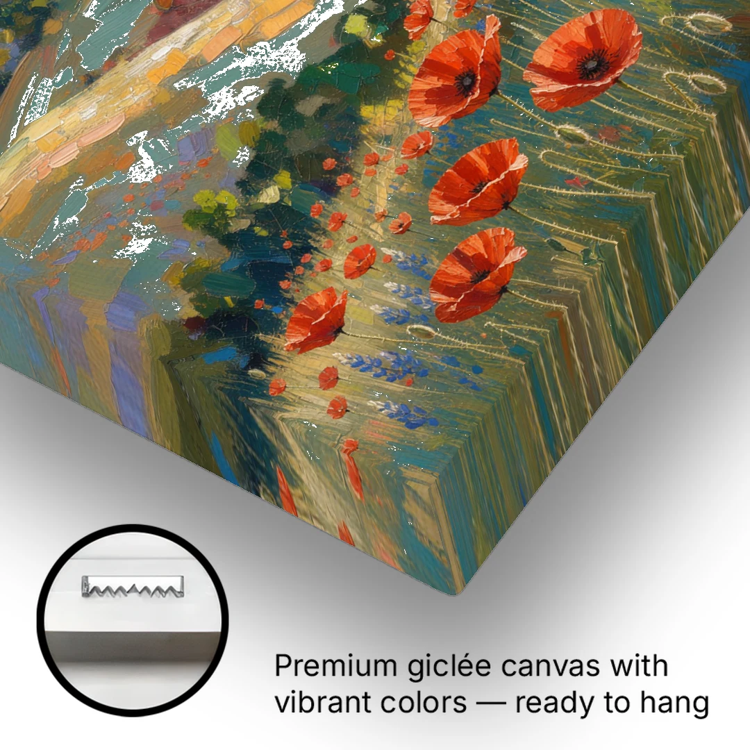 Poppy Field Painting with Lupines on Rolling Hills - Canvas Wall Art - Gallery Wrap Corner
