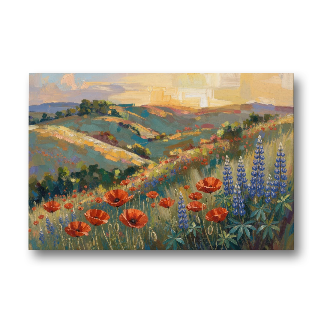 Poppy Field Painting with Lupines on Rolling Hills - Canvas Wall Art - Front