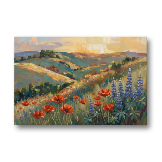 Poppy Field Painting with Lupines on Rolling Hills - Canvas Wall Art - Front