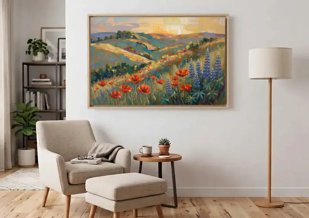 Poppy Field Painting with Lupines on Rolling Hills canvas wall art above an armchair in a bright living room