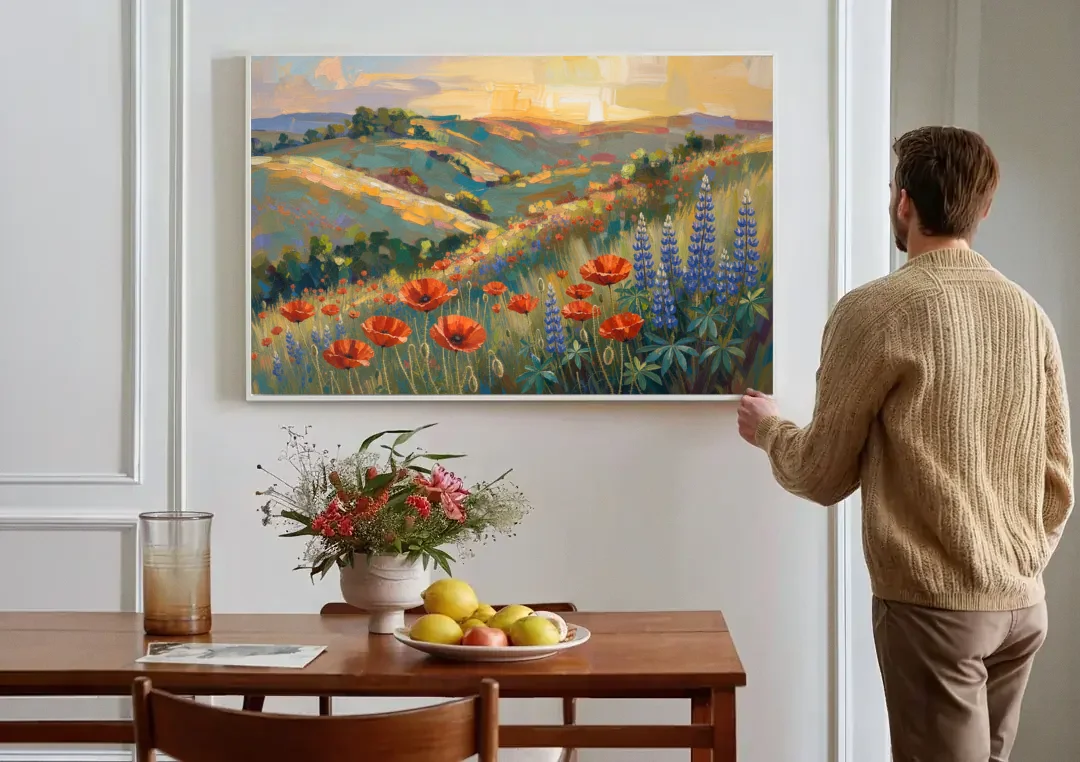 Poppy Field Painting with Lupines on Rolling Hills canvas wall art above a dining table
