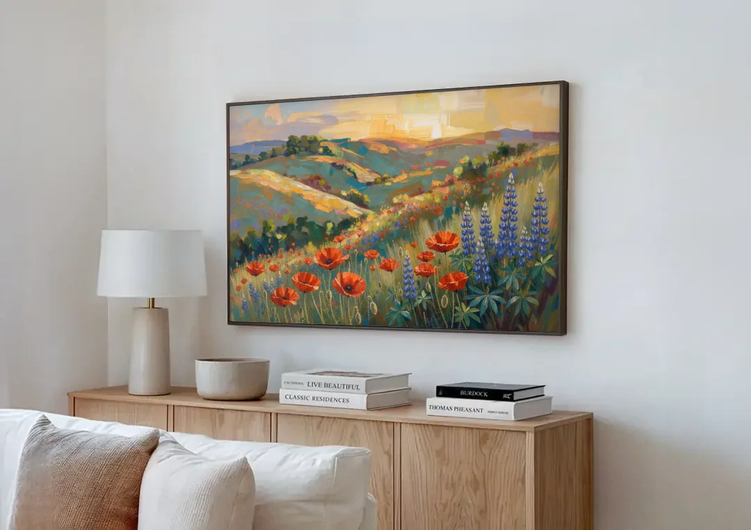Poppy Field Painting with Lupines on Rolling Hills canvas wall art above a wooden sideboard next to a sofa