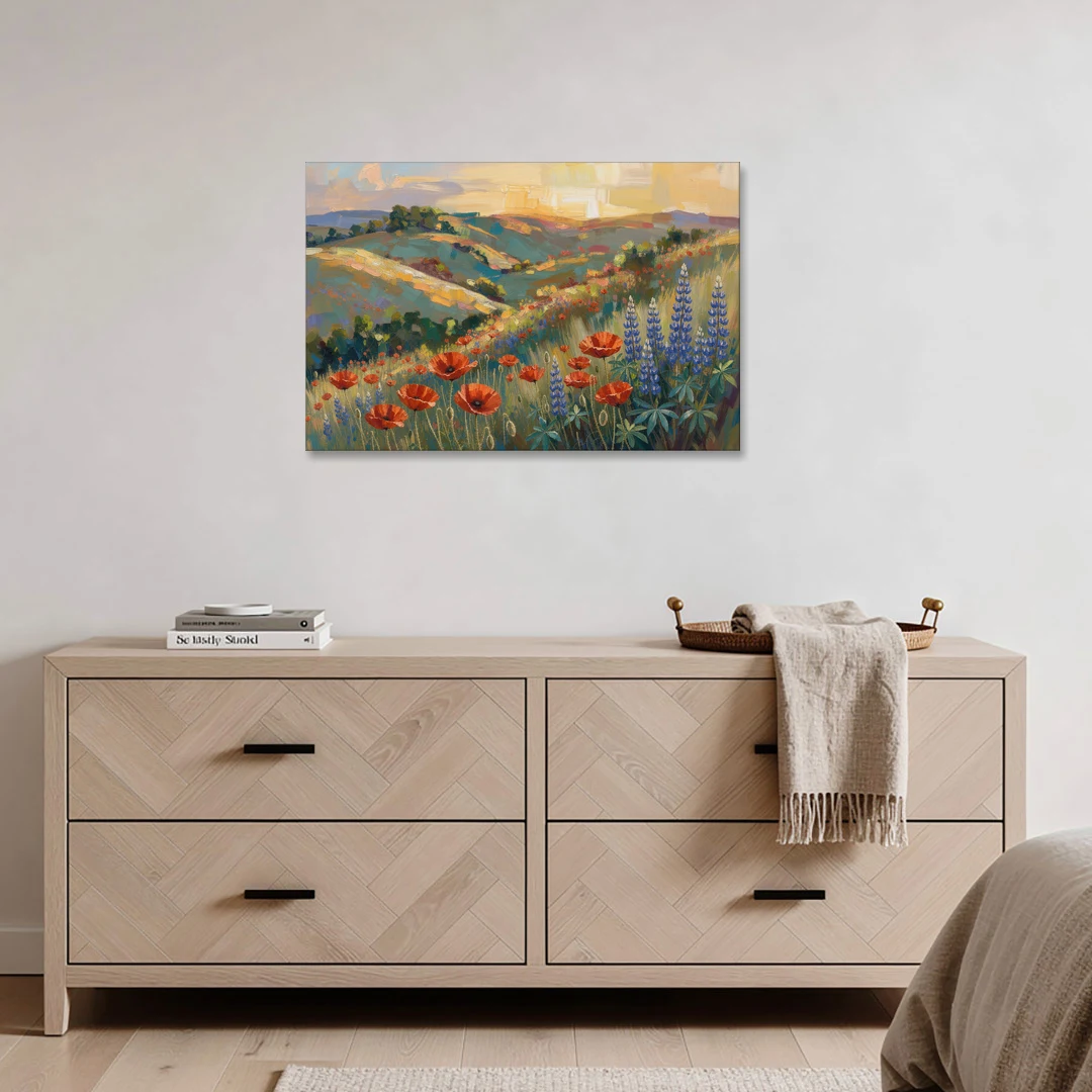 Poppy Field Painting with Lupines on Rolling Hills - Canvas Wall Art - Coffee Table - 36x24