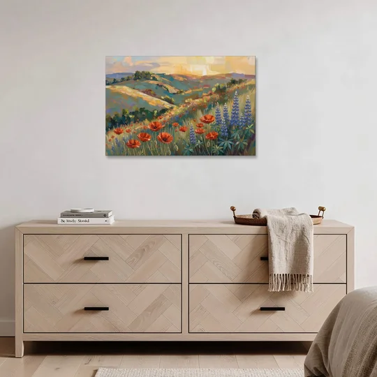 Poppy Field Painting with Lupines on Rolling Hills - Canvas Wall Art - Coffee Table - 36x24