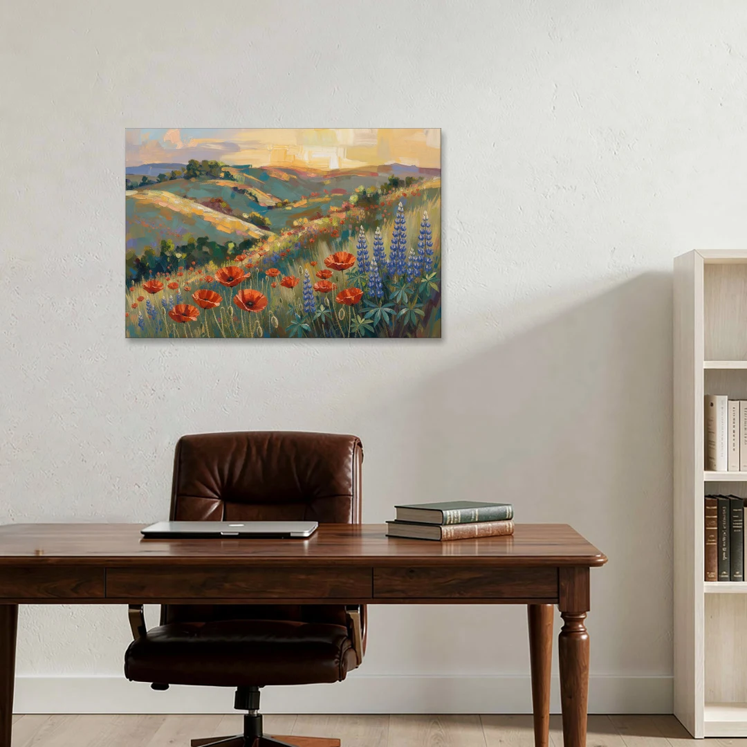 Poppy Field Painting with Lupines on Rolling Hills - Canvas Wall Art - Office - 36x24