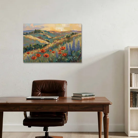 Poppy Field Painting with Lupines on Rolling Hills - Canvas Wall Art - Office - 36x24