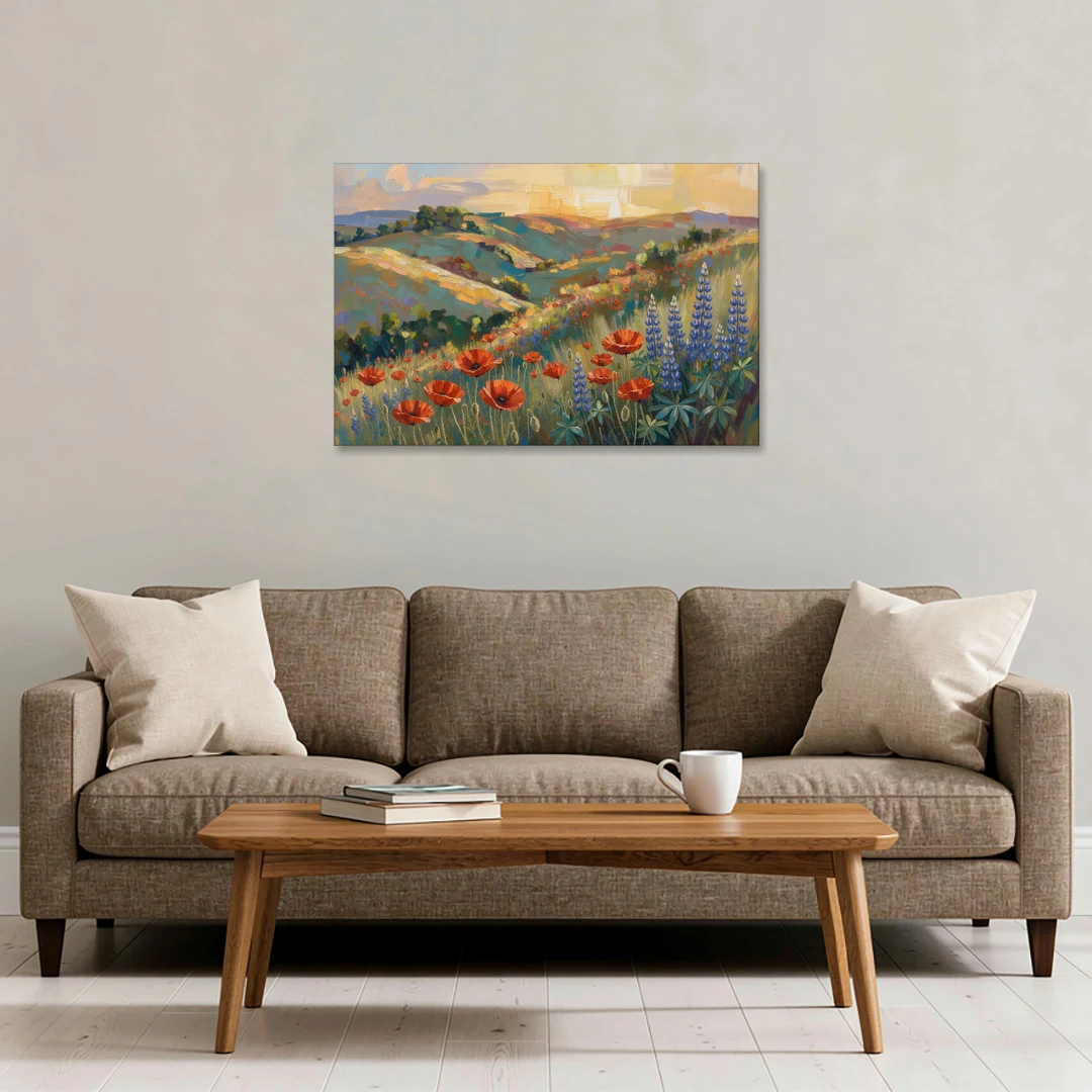 Poppy Field Painting with Lupines on Rolling Hills - Canvas Wall Art - Sofa - 36x24
