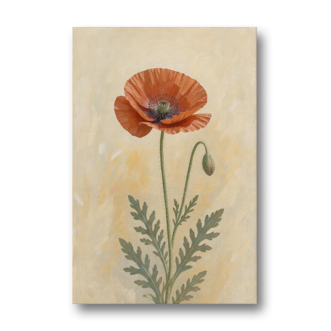 Poppy Wall Art with a Bowed Bud - Canvas Wall Art - Front