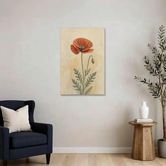Poppy Wall Art with a Bowed Bud - Canvas Wall Art - Sofa - 24x36