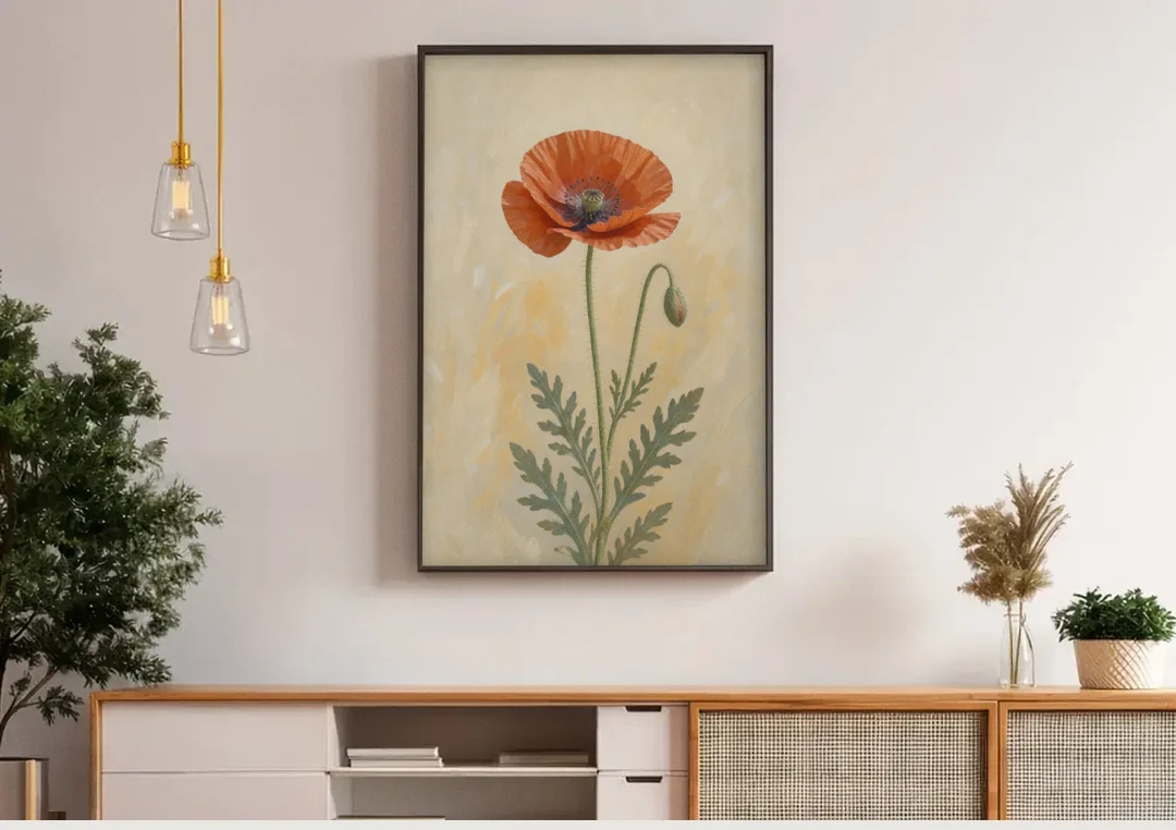 Poppy Wall Art with a Bowed Bud canvas wall art above a wooden sideboard under pendant lights