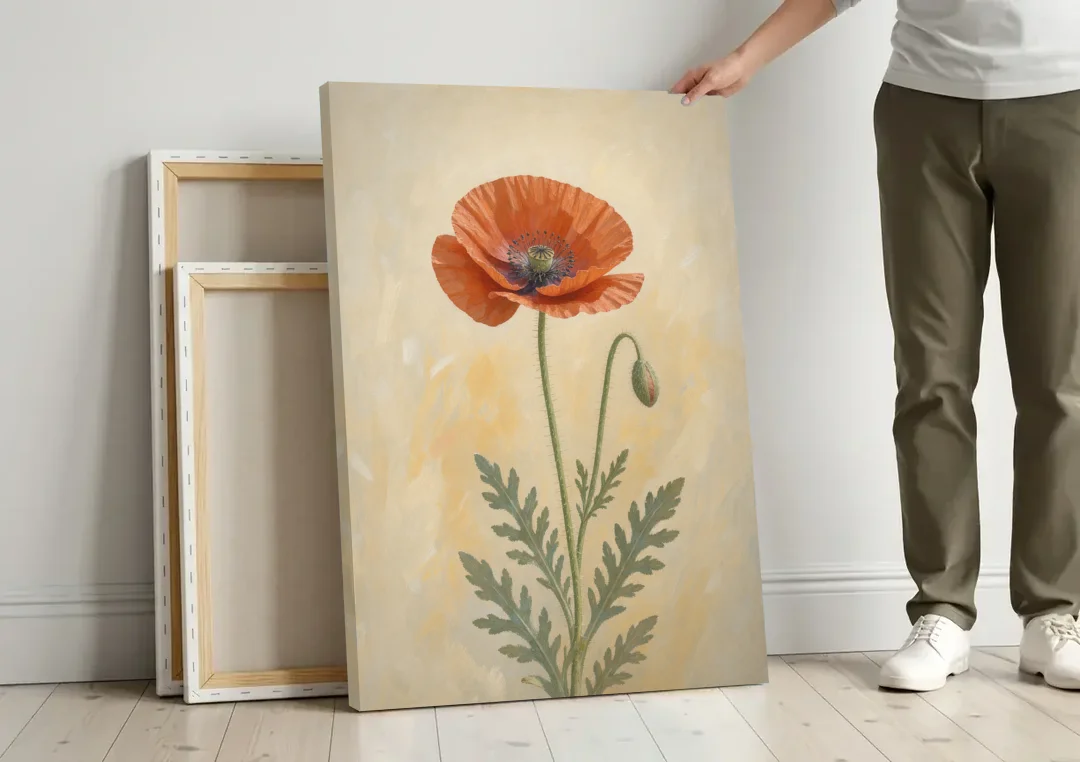 Poppy Wall Art with a Bowed Bud canvas wall art leaning against a wall next to blank canvases