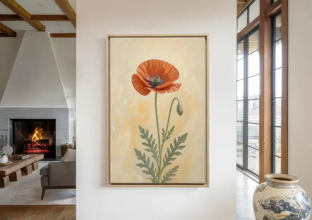 Poppy Wall Art with a Bowed Bud canvas wall art in a living room with a fireplace
