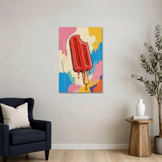Popsicle Painting with One Cherry Bite - Canvas Wall Art - Sofa - 24x36