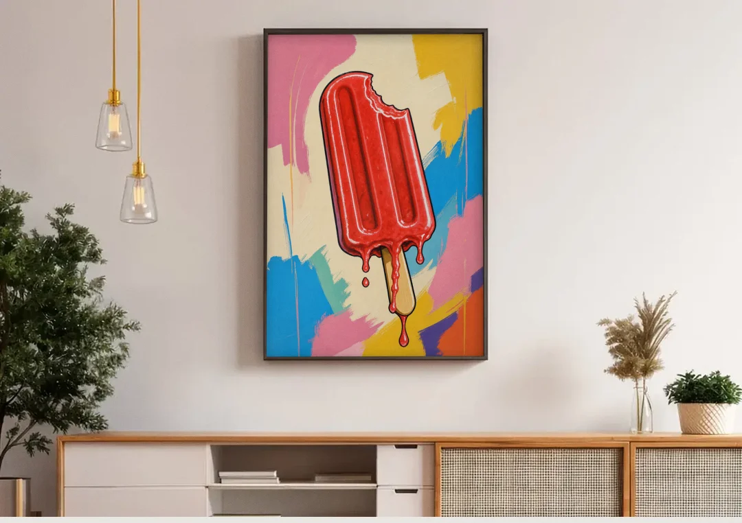 Popsicle Painting with One Cherry Bite canvas wall art above a wooden sideboard under pendant lights