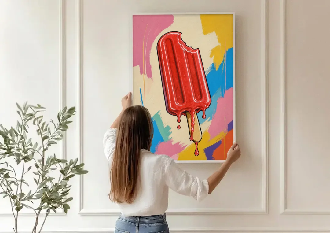 Popsicle Painting with One Cherry Bite canvas wall art being hung on a paneled wall