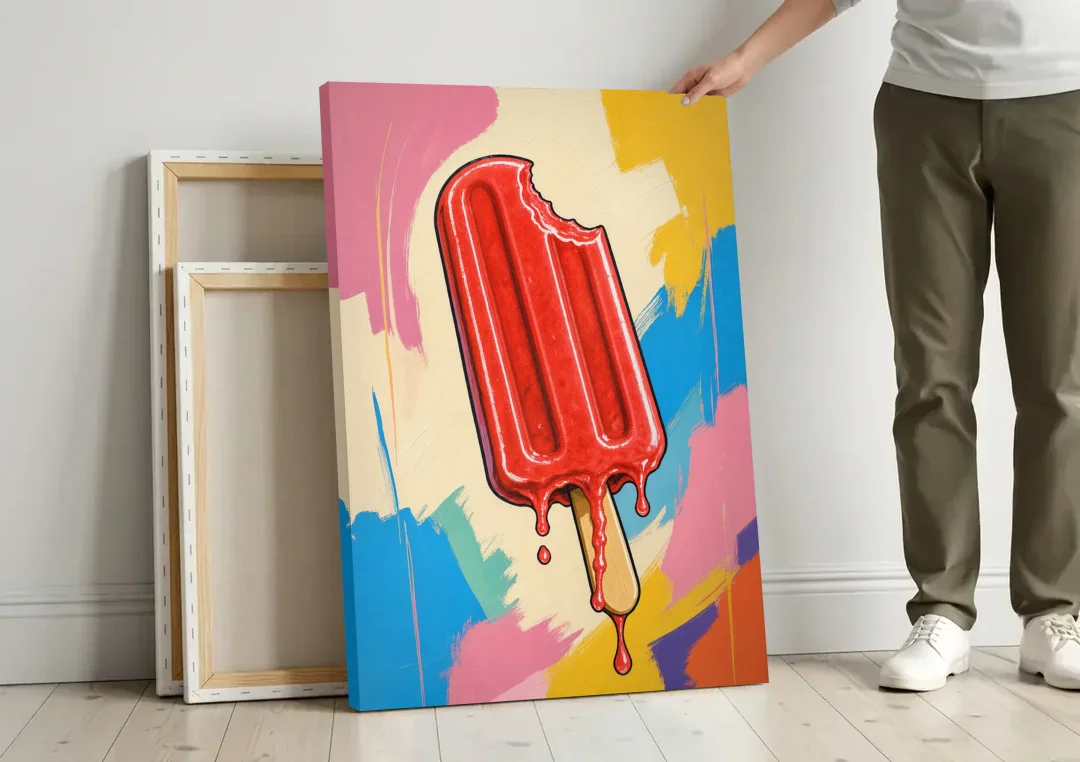 Popsicle Painting with One Cherry Bite canvas wall art leaning against a wall next to blank canvases