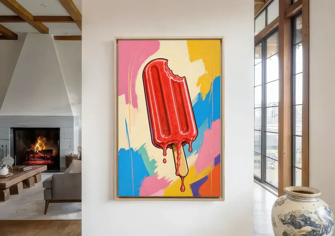 Popsicle Painting with One Cherry Bite canvas wall art in a living room with a fireplace