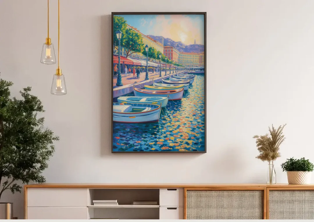 Port of Nice canvas wall art above a wooden sideboard under pendant lights