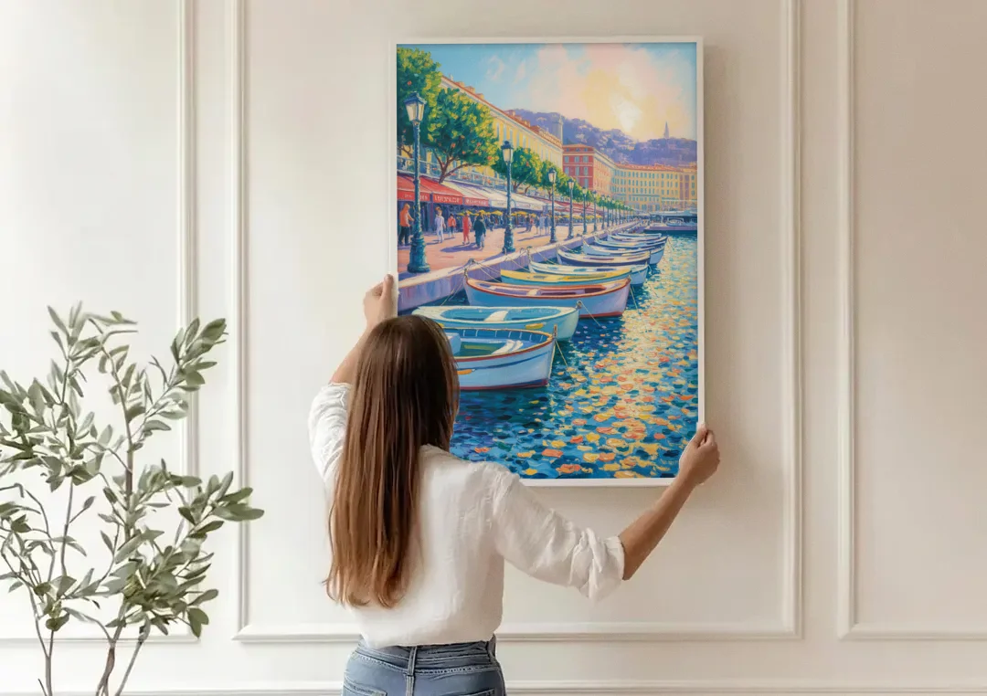 Port of Nice canvas wall art being hung on a paneled wall