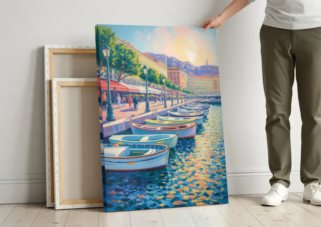 Port of Nice canvas wall art leaning against a wall next to blank canvases