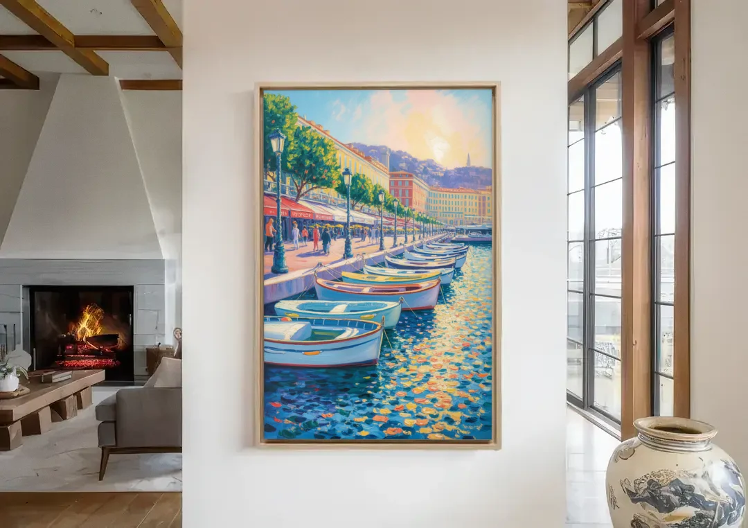 Port of Nice canvas wall art in a living room with a fireplace