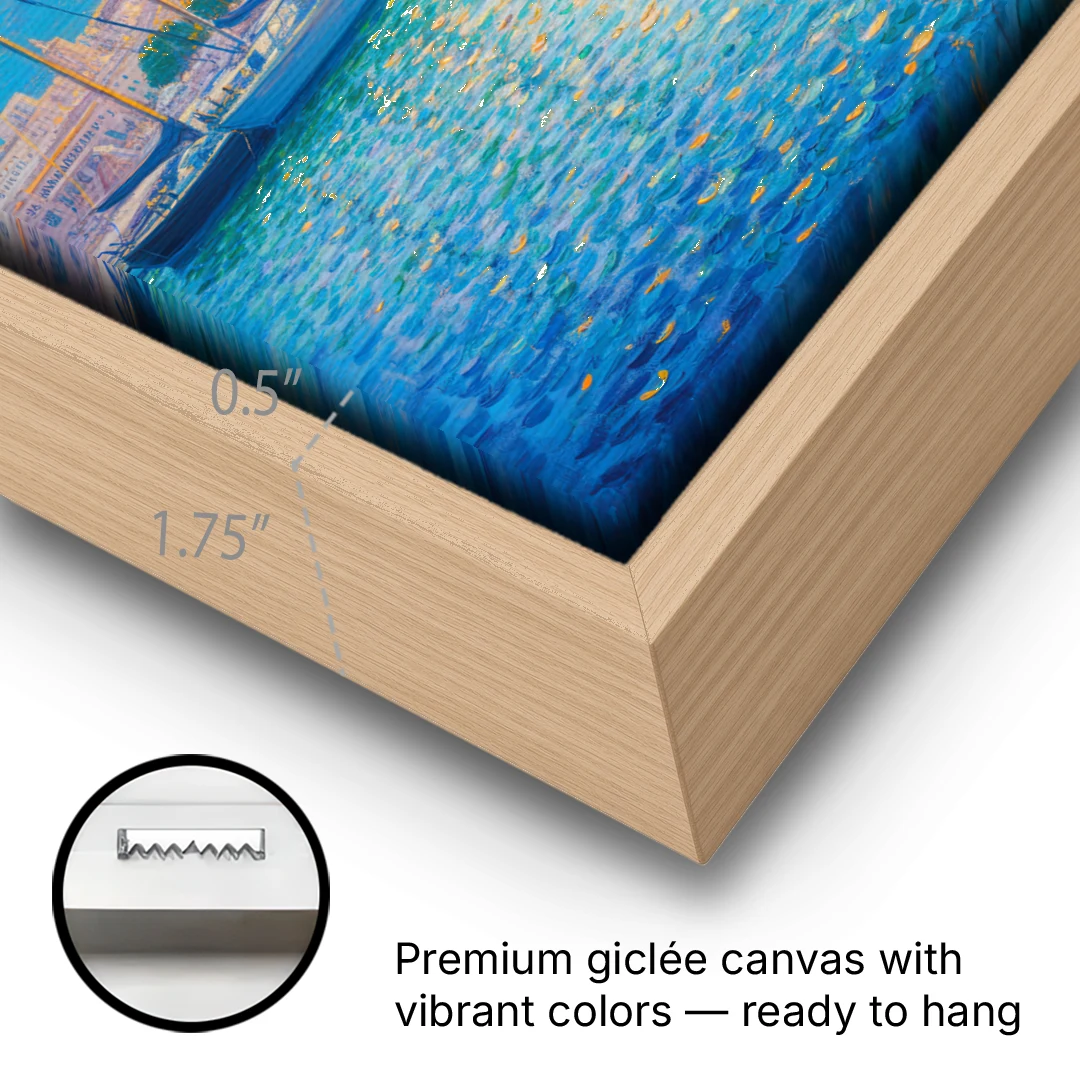 Port of Palma Serenity - Oak Framed Canvas Wall Art - Gallery Wrap Corner