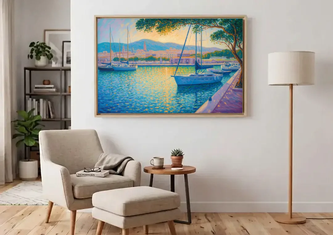 Port of Palma Serenity canvas wall art above an armchair in a bright living room