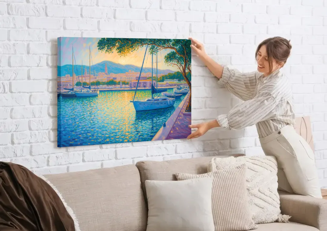 Port of Palma Serenity canvas wall art being hung on a white brick wall above a sofa