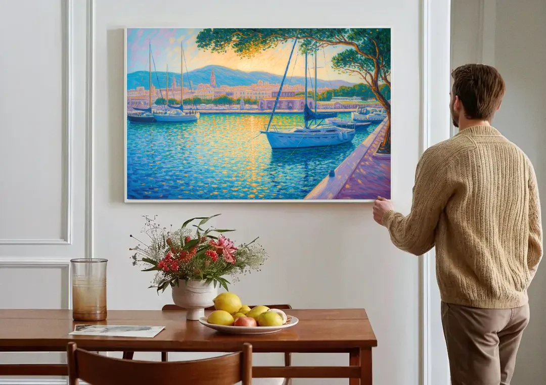 Port of Palma Serenity canvas wall art above a dining table