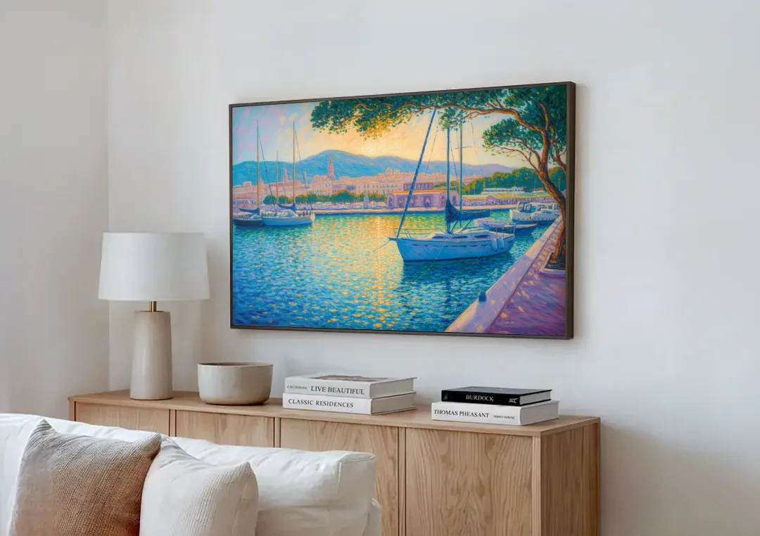 Port of Palma Serenity canvas wall art above a wooden sideboard next to a sofa