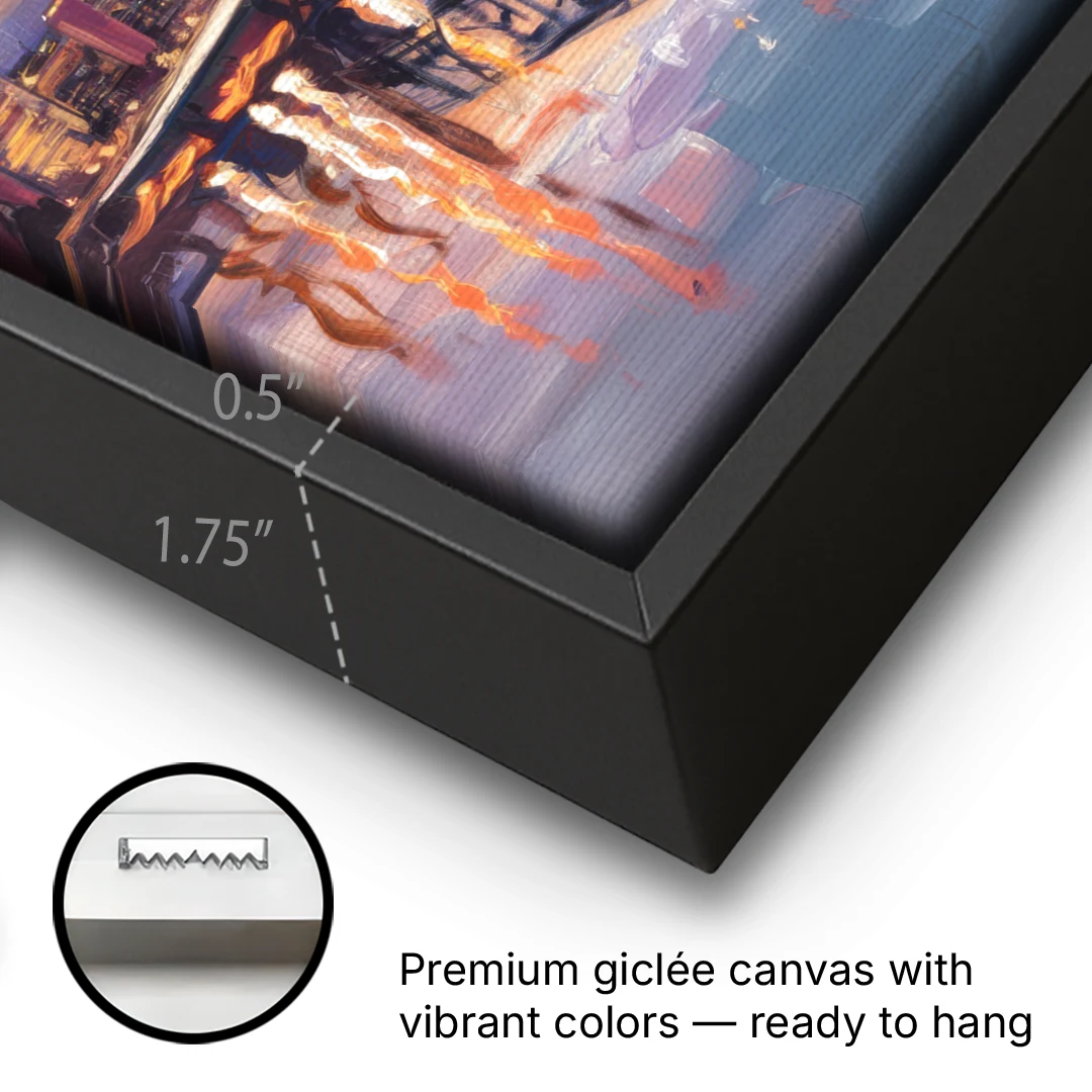 Portland Cityscape At Dusk - Black Framed Canvas Wall Art - Gallery Wrap Corner