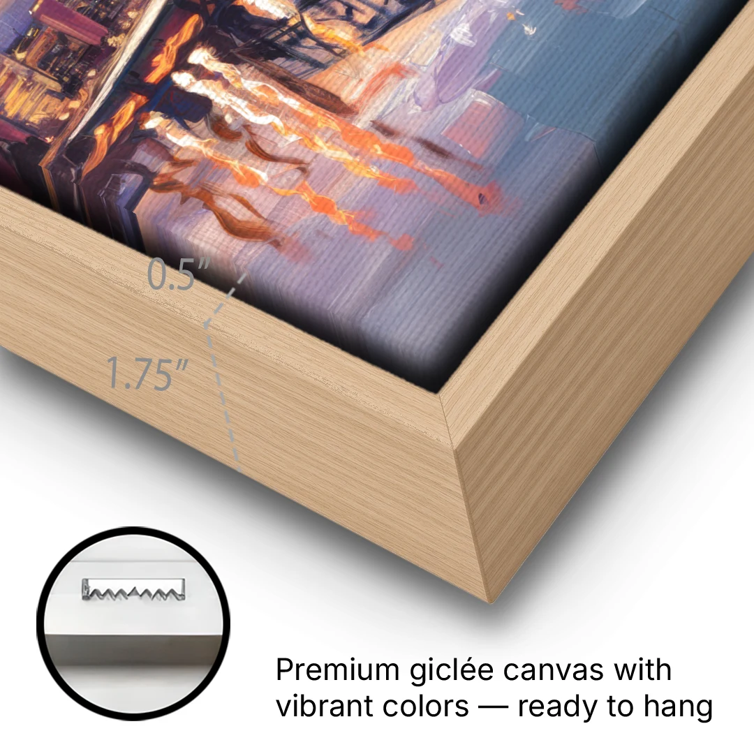 Portland Cityscape At Dusk - Oak Framed Canvas Wall Art - Gallery Wrap Corner