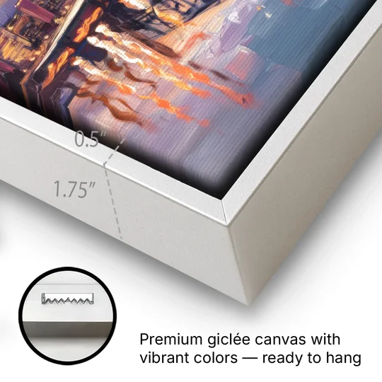 Portland Cityscape At Dusk - White Framed Canvas Wall Art - Gallery Wrap Corner