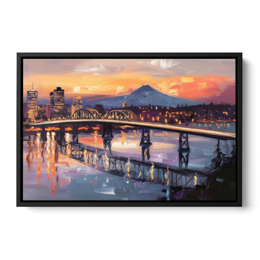 Portland Cityscape At Dusk - Black Framed Canvas Wall Art - Front
