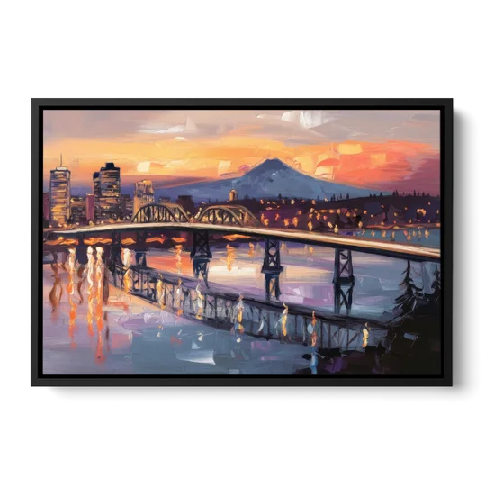 Portland Cityscape At Dusk - Black Framed Canvas Wall Art - Front