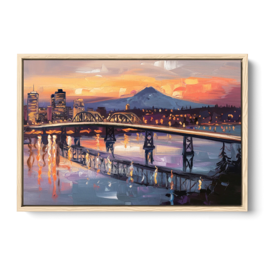 Portland Cityscape At Dusk - Oak Framed Canvas Wall Art - Front