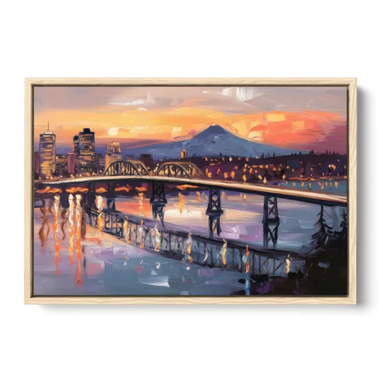 Portland Cityscape At Dusk - Oak Framed Canvas Wall Art - Front