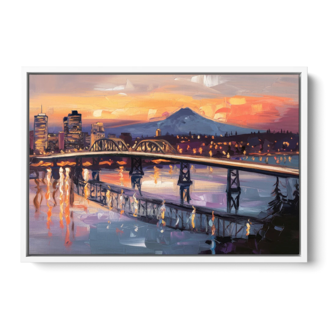 Portland Cityscape At Dusk - White Framed Canvas Wall Art - Front
