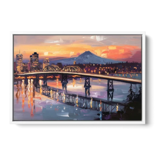 Portland Cityscape At Dusk - White Framed Canvas Wall Art - Front